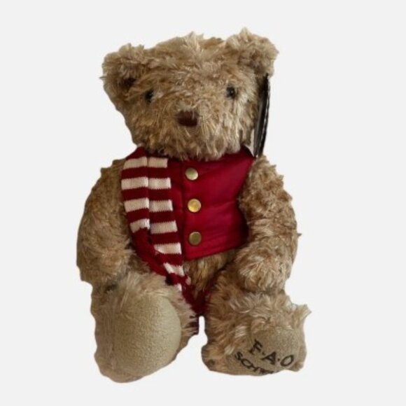 NEW 2018 FAO Schwarz Brown Bear Plush in Red Winter Vest & Scarf - Picture 1 of 7